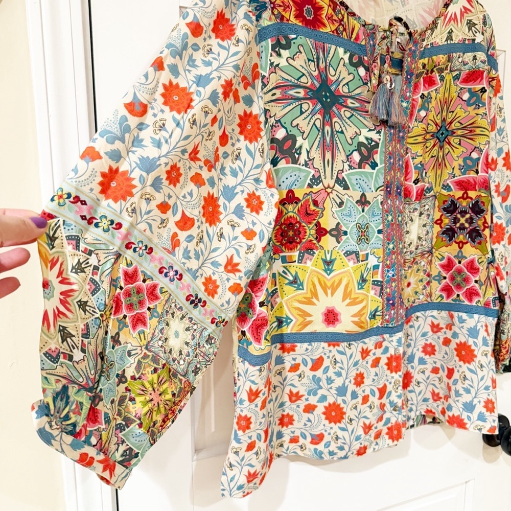 John MarkWoven Floral Print Split
Neck 3/4 Cuffed Tassel Tie Embroidered Tunic L - Picture 8 of 9